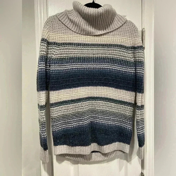 L.L. Bean Merino Wool Blend Blue Striped Cowl Neck Waffle Knit Pullover Size XS - Picture 1 of 10